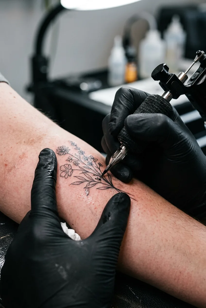 Tattoo needle creating precise line work on skin during drawn-style tattoo execution