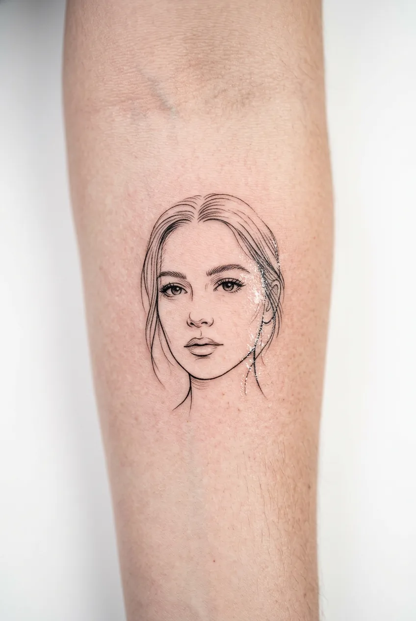 Minimalist portrait captured in essential fine lines on woman's forearm