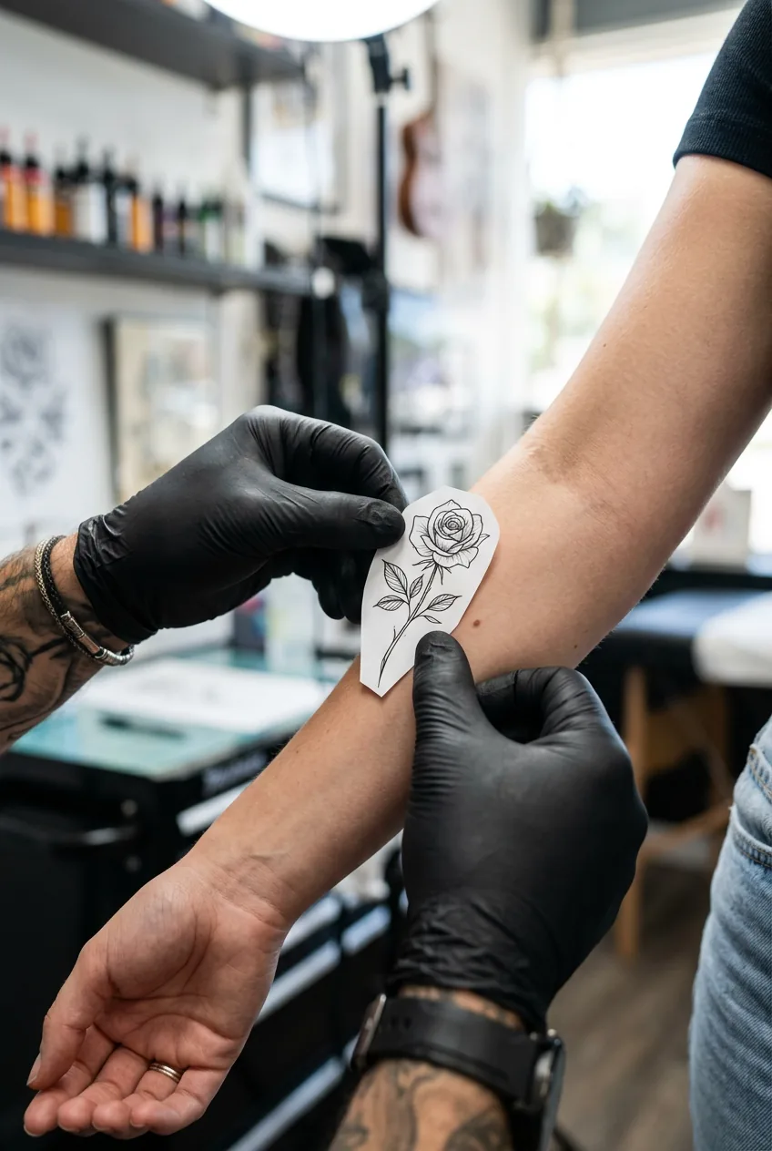 Close-up of hands comparing delicate fine line rose design reference against woman's inner forearm