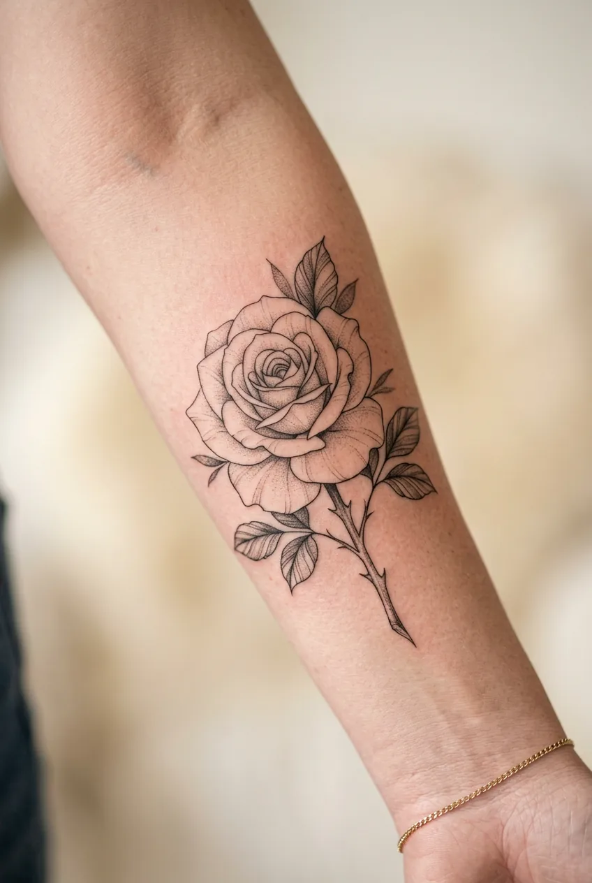 Close-up of intricate single-needle rose tattoo on woman's forearm showing detailed petal work and shading