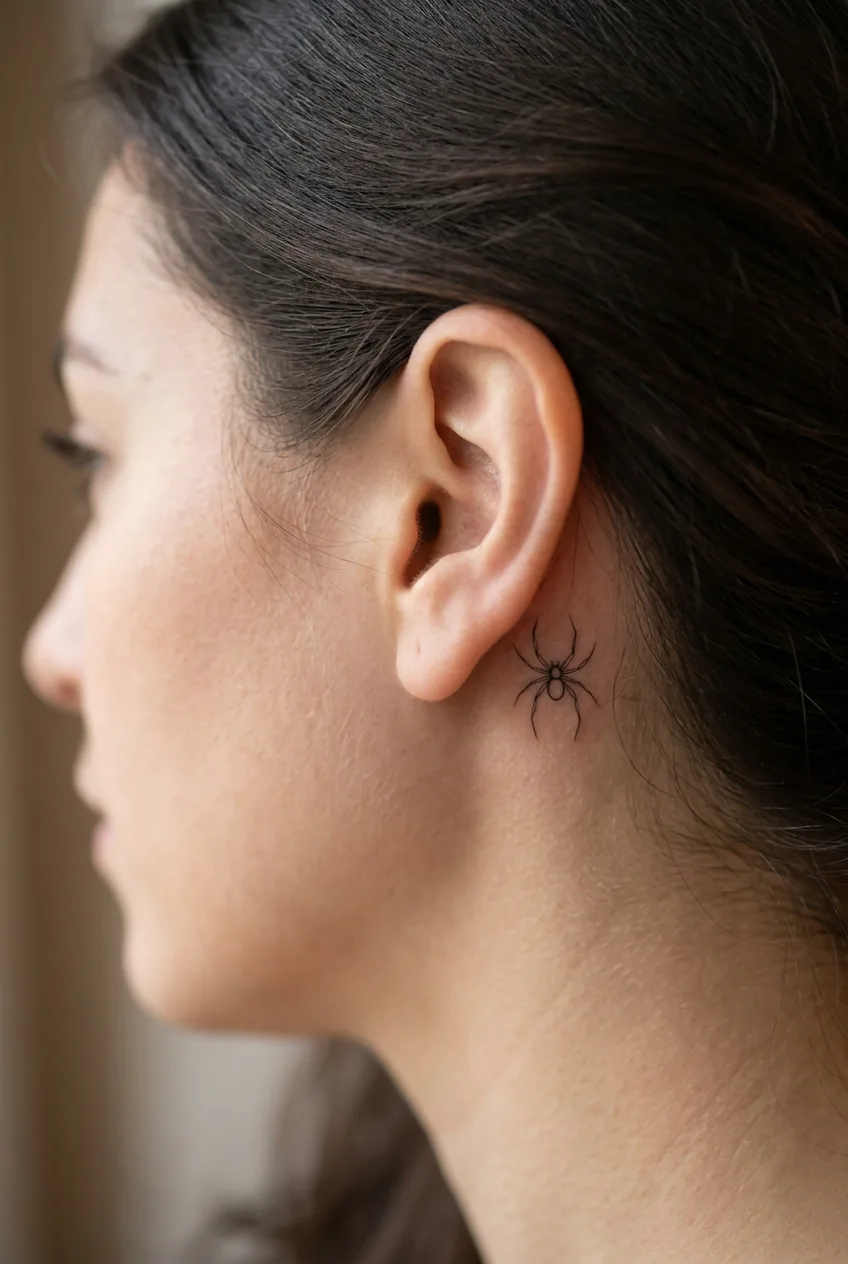 Delicate fine-line spider tattoo placed behind woman's ear with minimal linework design