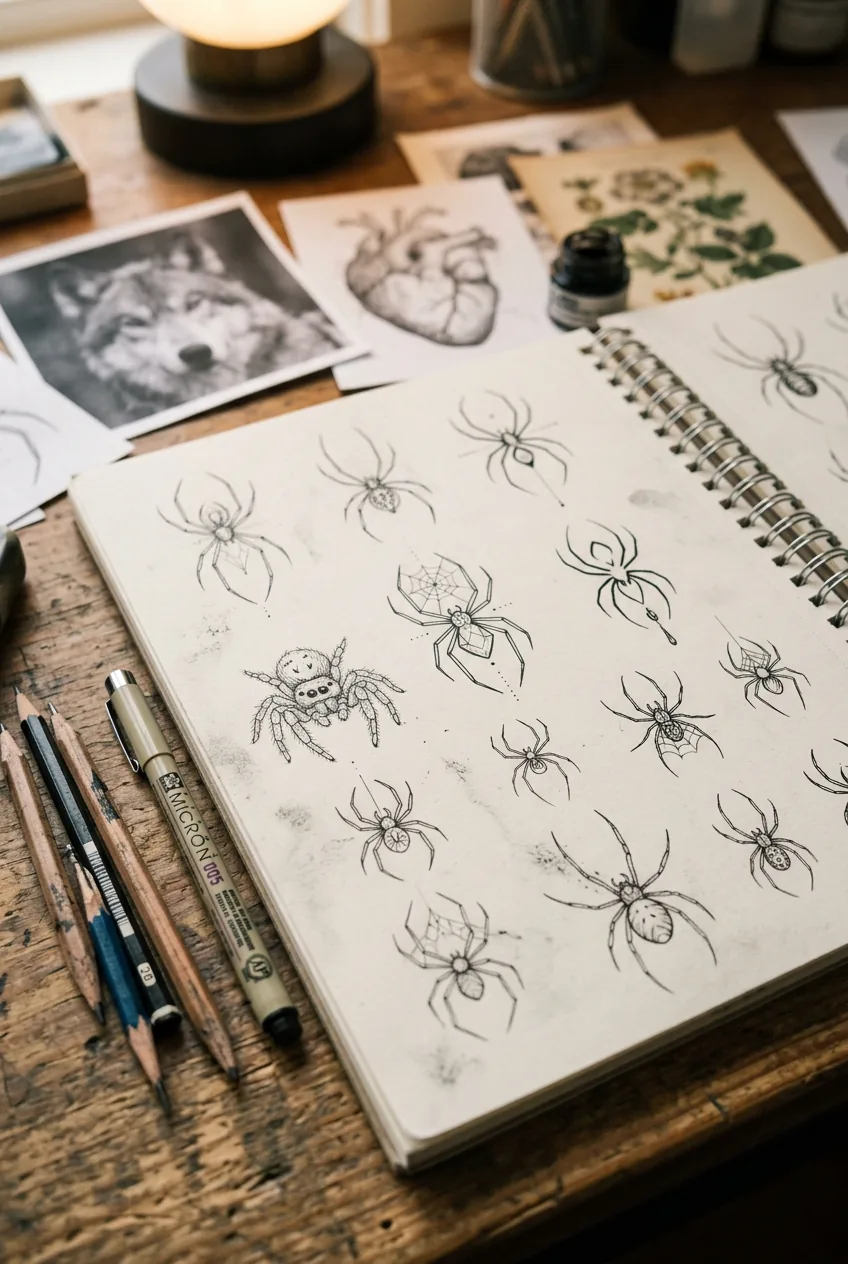 Fine line spider tattoo sketches showing delicate linework and minimalist details on artist's desk