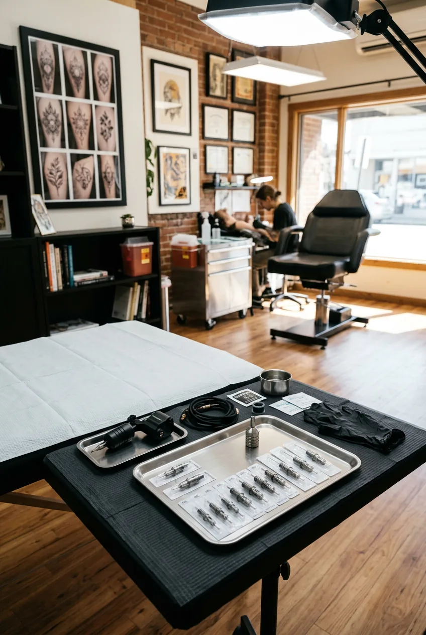 Professional tattoo workspace displaying fine line equipment with single needles and specialized tools