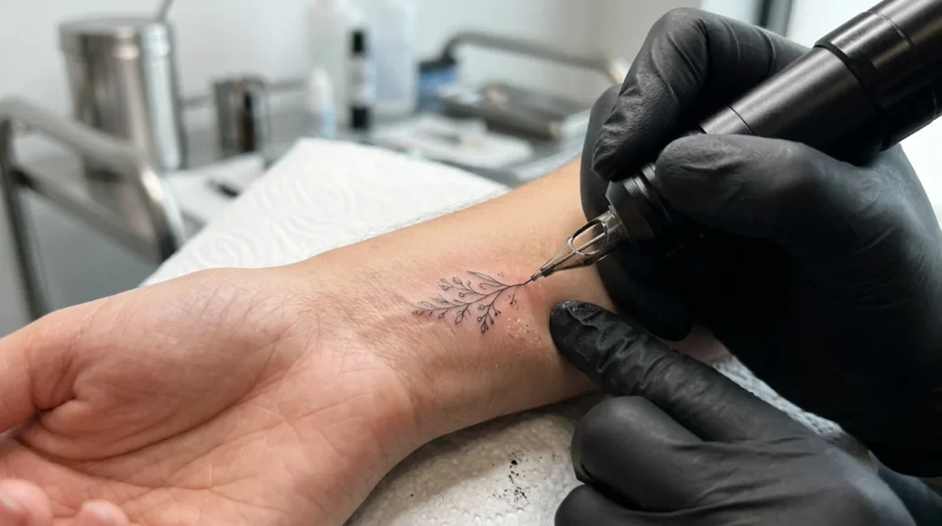 Close-up of tattoo needle creating fine lines on woman's wrist with bright studio lighting