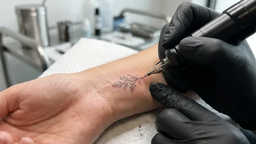 Close-up of tattoo needle creating fine lines on woman's wrist with bright studio lighting