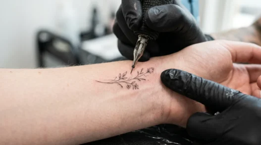 Single needle creating fine lines on woman's wrist during professional tattoo session with bright studio lighting