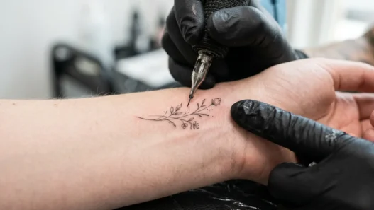 Single needle creating fine lines on woman's wrist during professional tattoo session with bright studio lighting