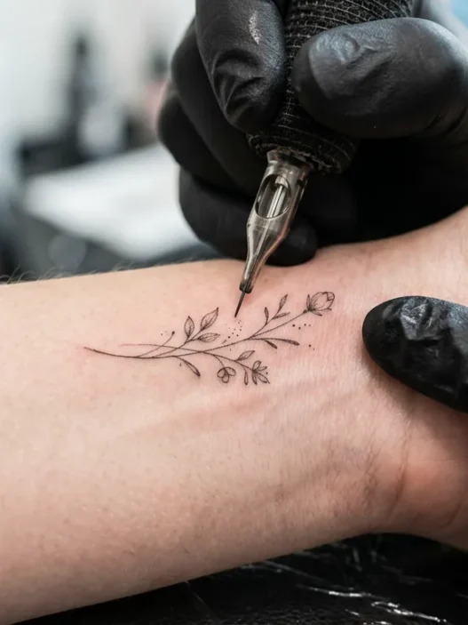 Single needle creating fine lines on woman's wrist during professional tattoo session with bright studio lighting