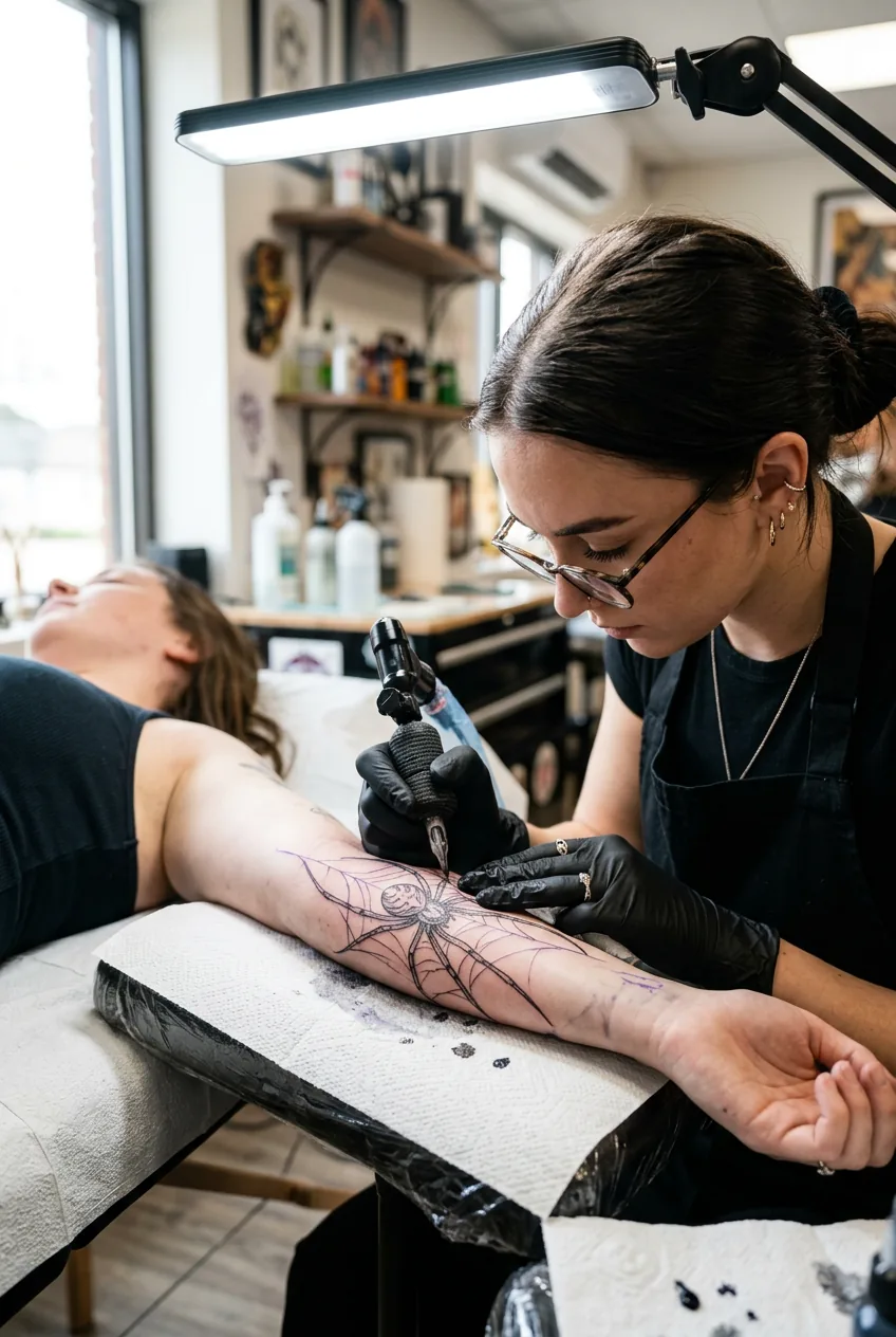 Tattoo artist using fine needles to create delicate spider tattoo linework on client's skin
