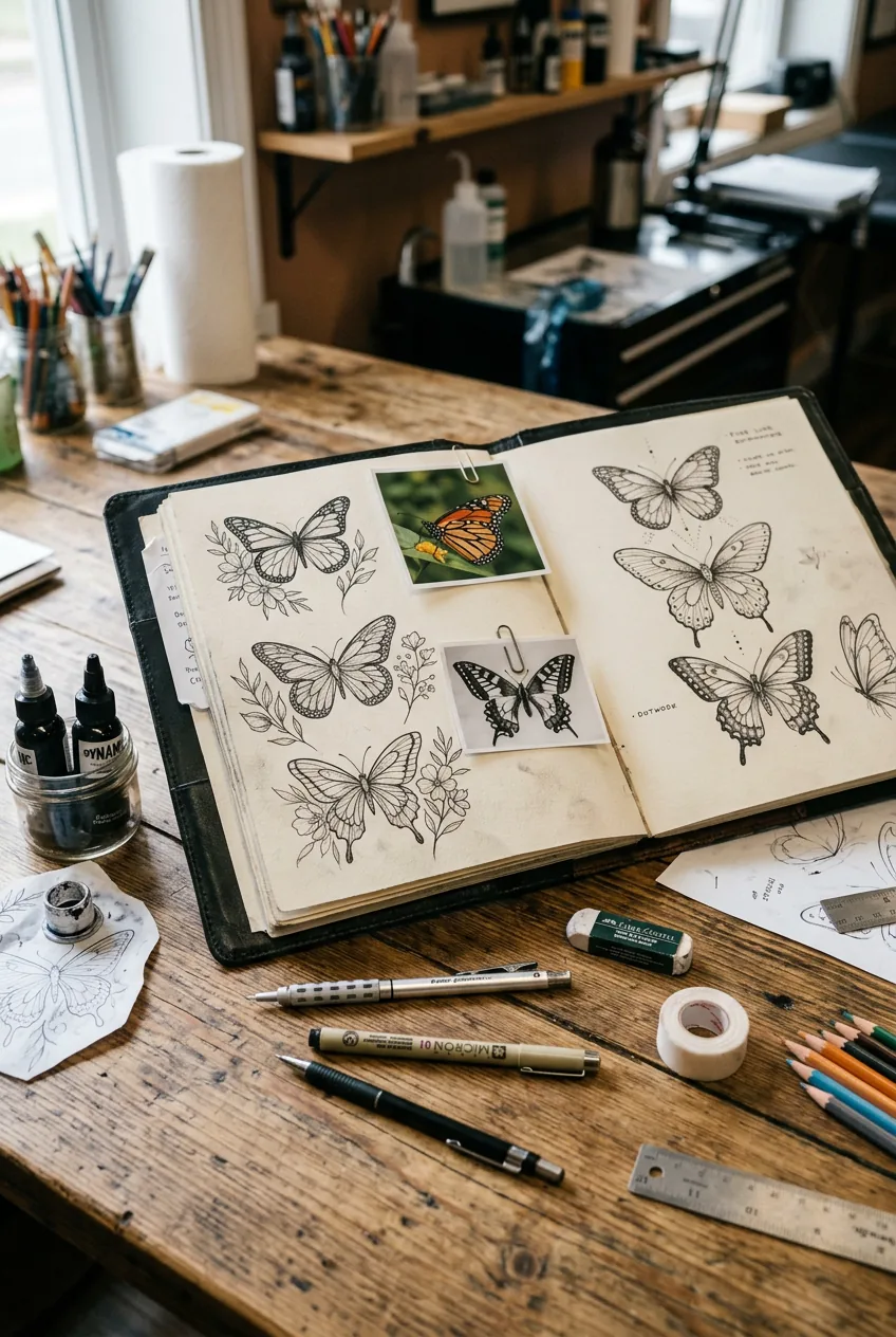 Tattoo artist's portfolio pages showing fine line butterfly designs spread on studio table