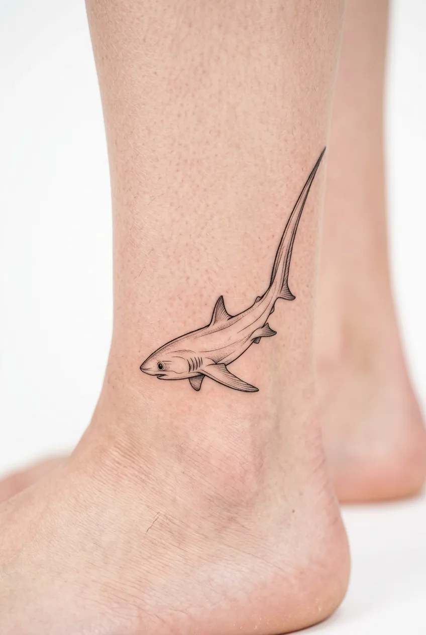 Fresh fine line thresher shark tattoo showing elegant long tail fin on woman's ankle