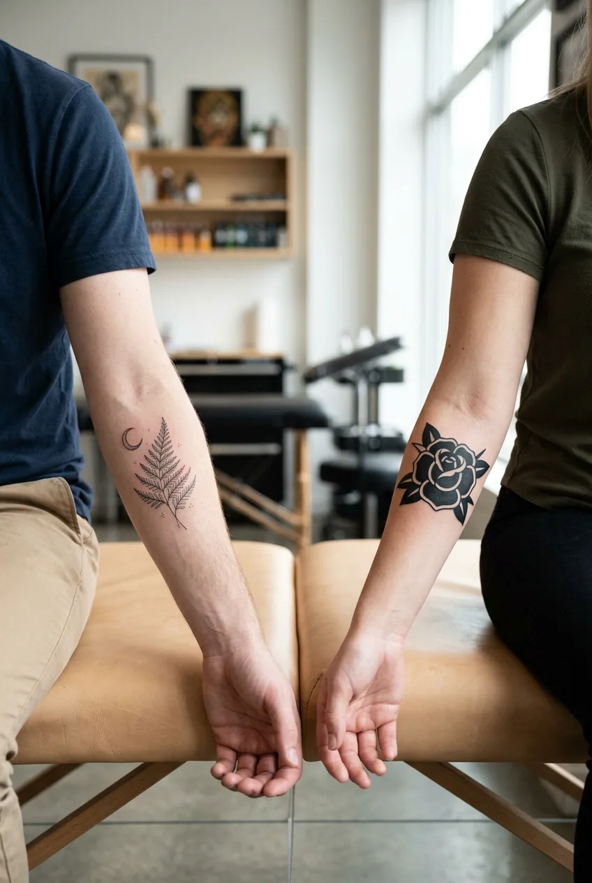 Side by side comparison showing fine line versus bold tattoo styles on similar arm placements