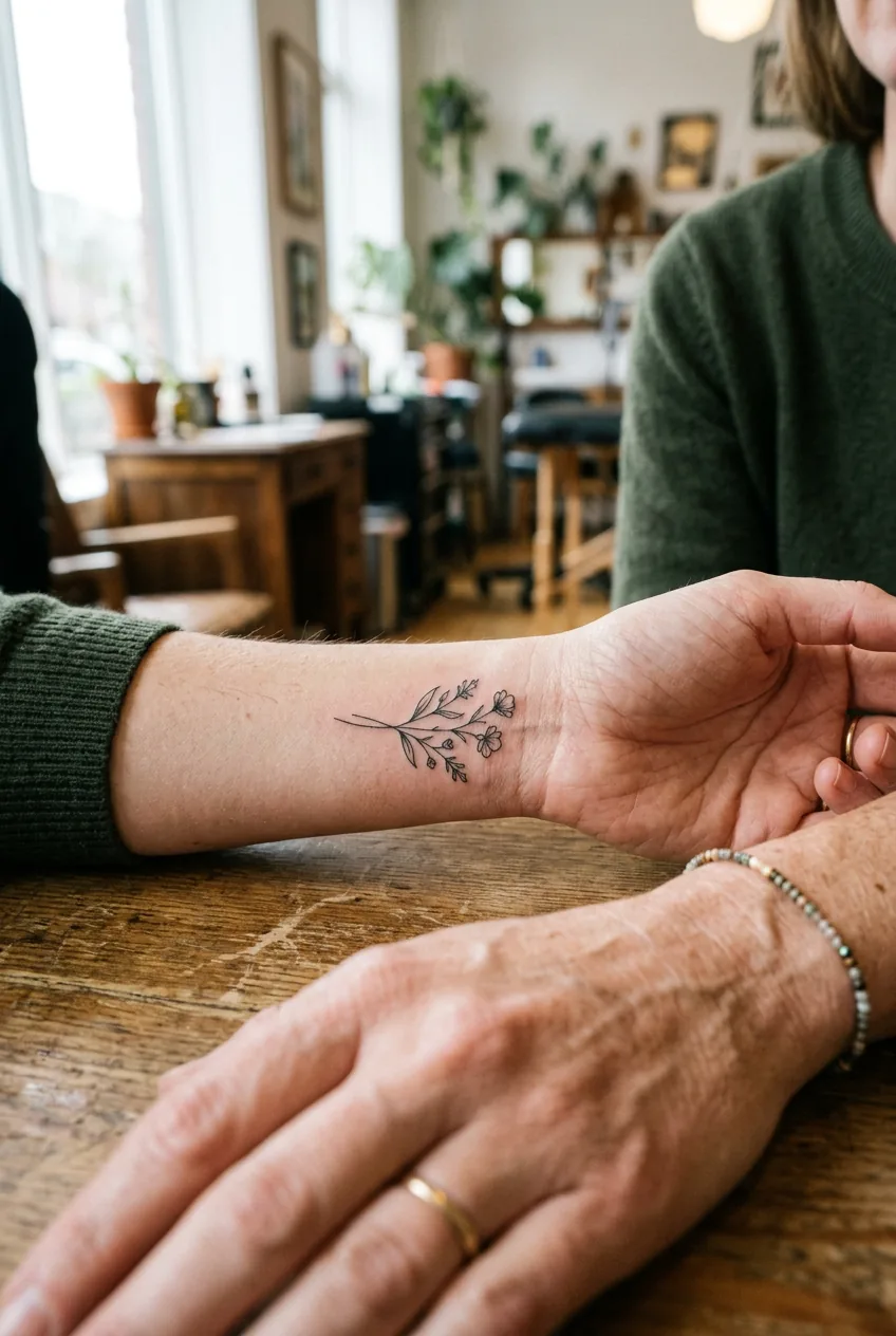 Close up view of fine line wrist tattoo showing delicate linework details and natural skin texture