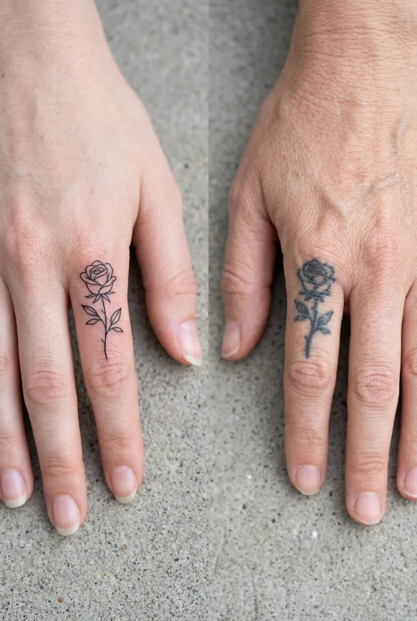 Side by side comparison of fresh finger tattoo versus aged blurry version showing realistic aging