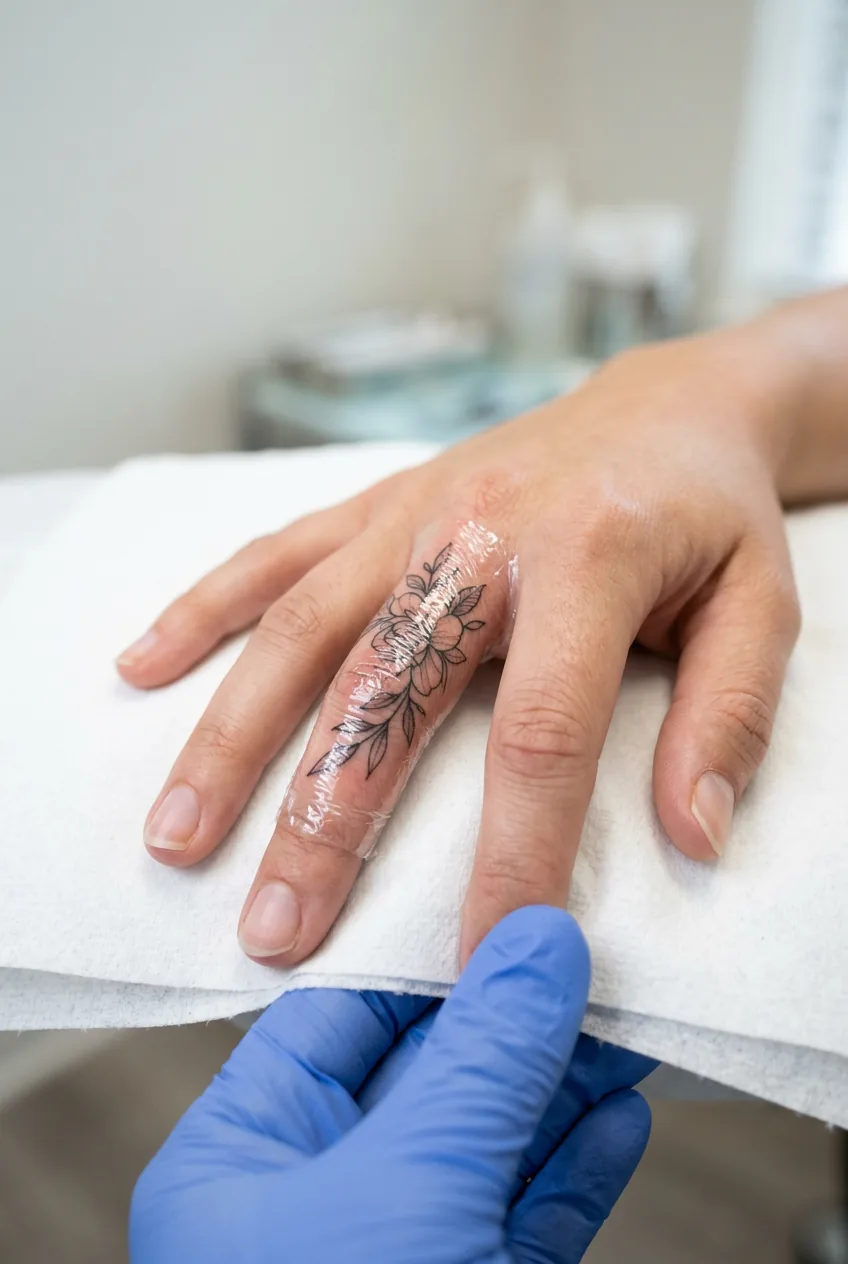 Healing finger tattoo properly wrapped in protective vinyl glove for aftercare