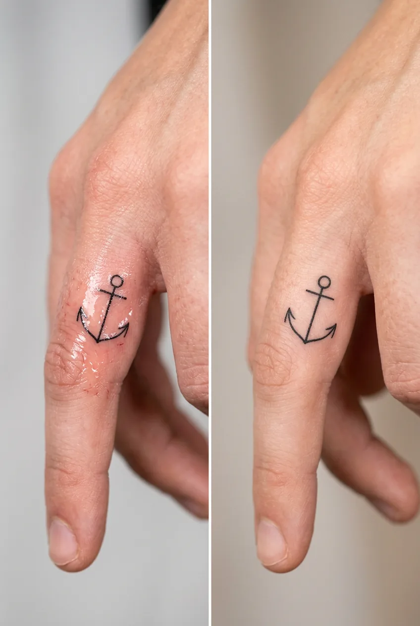 Side-by-side comparison of fresh finger tattoo and healed tattoo after touch-up session