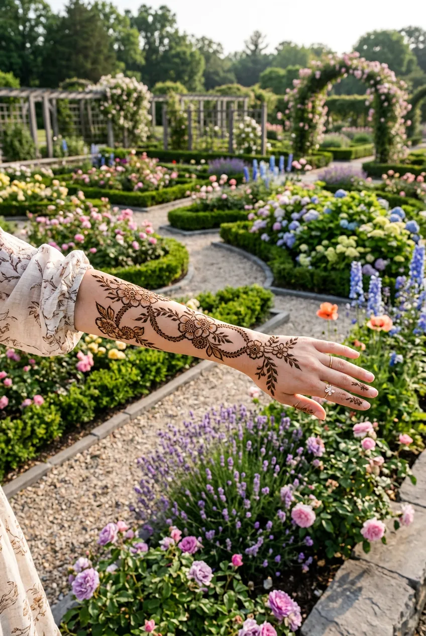 Woman's arm displaying flowing floral chain henna design in formal botanical garden with interconnected flower beds