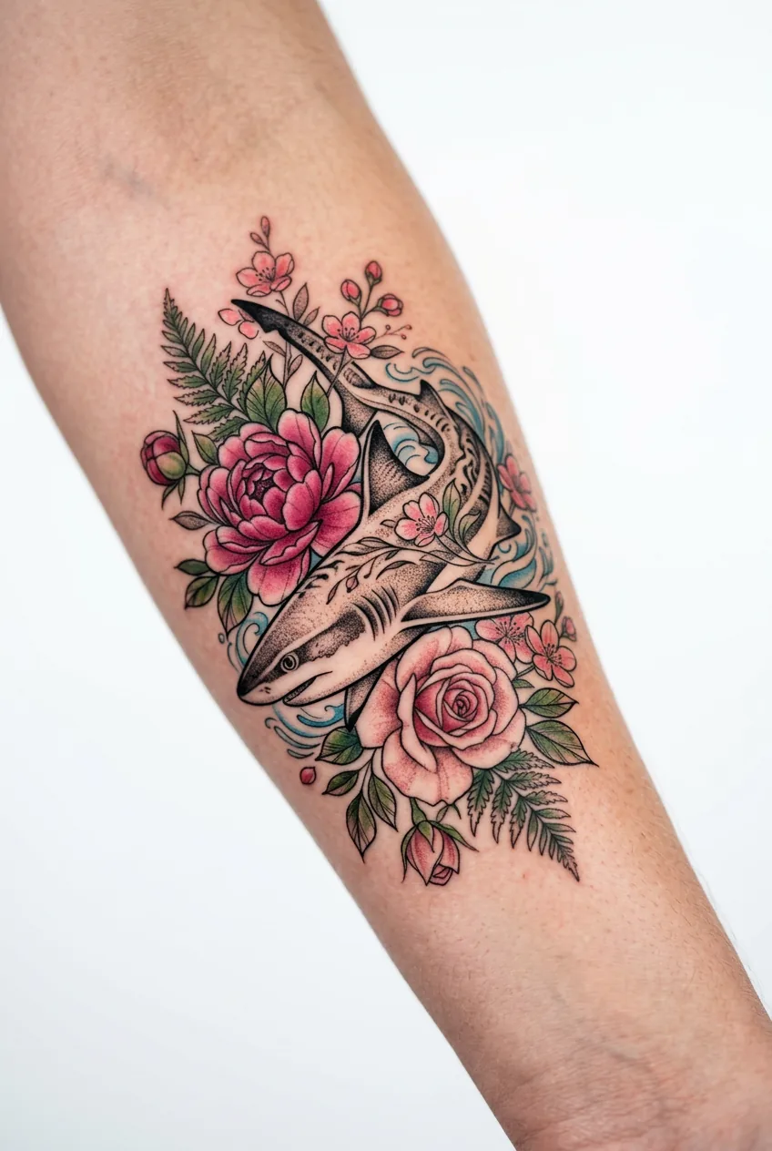 Fresh floral reef shark tattoo with peonies and roses integrated into design on forearm