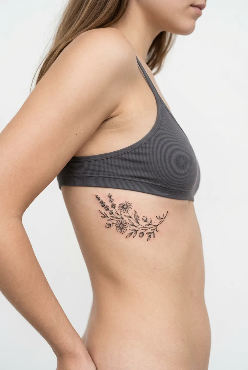 Small floral design tattoo on woman's ribcage following body's natural curves