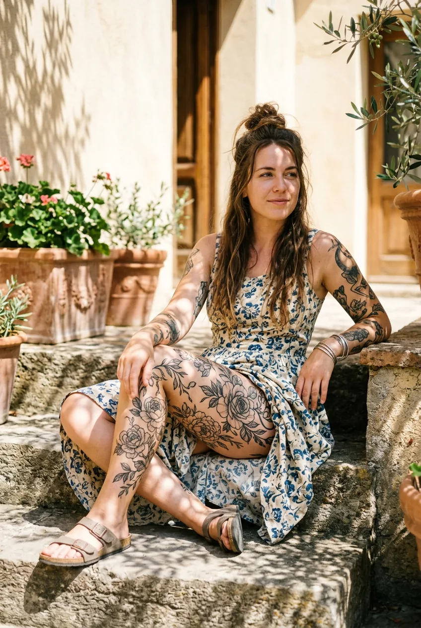 Woman sitting on outdoor steps displaying elaborate floral thigh tattoo in natural sunlight