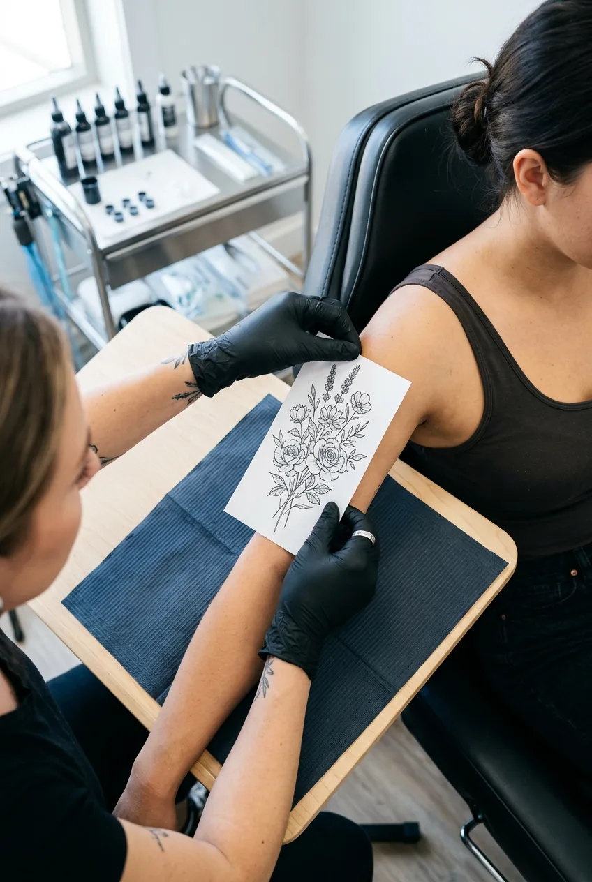 Overhead view of hands positioning floral design reference against woman's upper arm for scale