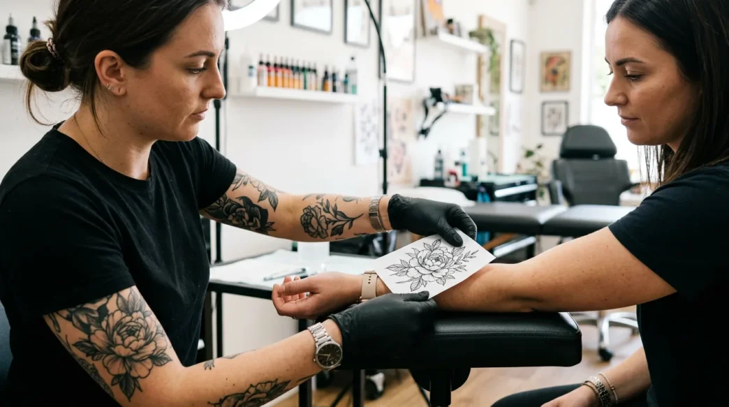 Tattoo artist holding printed flower design against woman's wrist to check size proportion in bright studio
