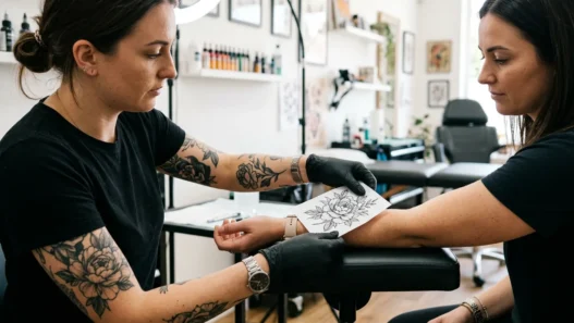 Tattoo artist holding printed flower design against woman's wrist to check size proportion in bright studio
