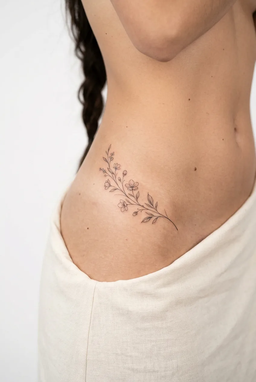 Delicate flower tattoo positioned on woman's hip bone with soft line work
