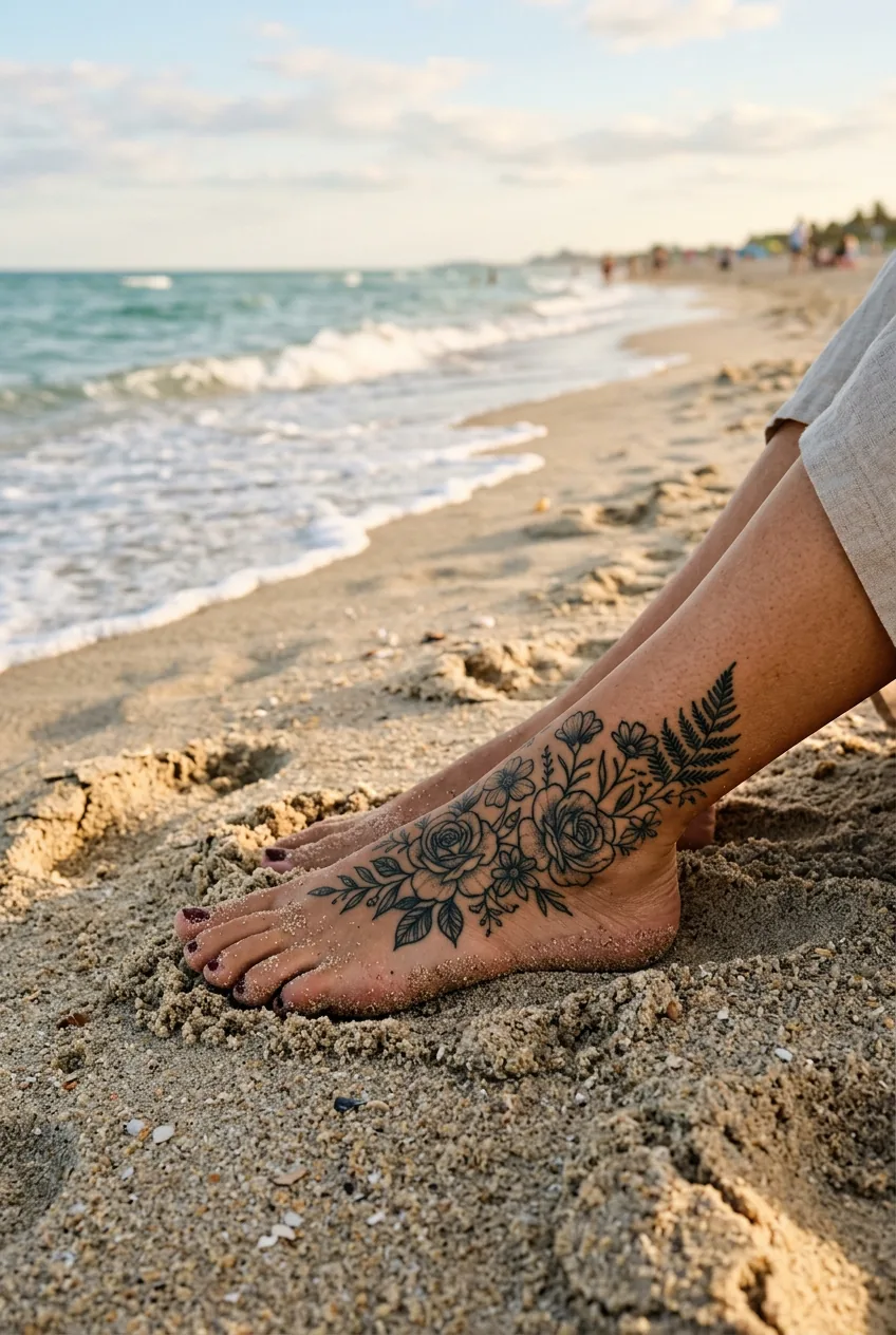 Woman's tattooed foot with intricate floral design partially buried in beach sand