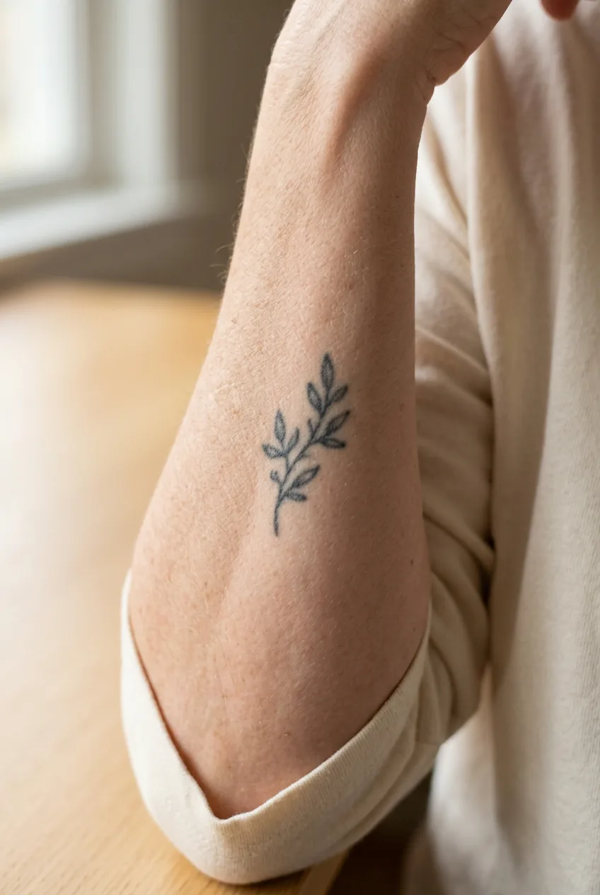 Close-up of woman's inner forearm showing small tattoo with natural line spreading over time