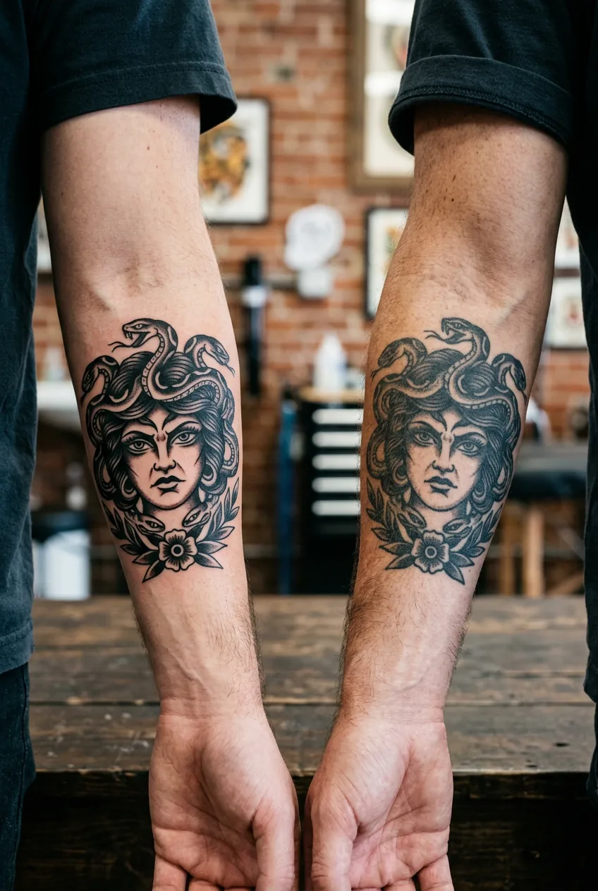 Documentary comparison of fresh and five-year-old Medusa tattoos showing aging differences between styles