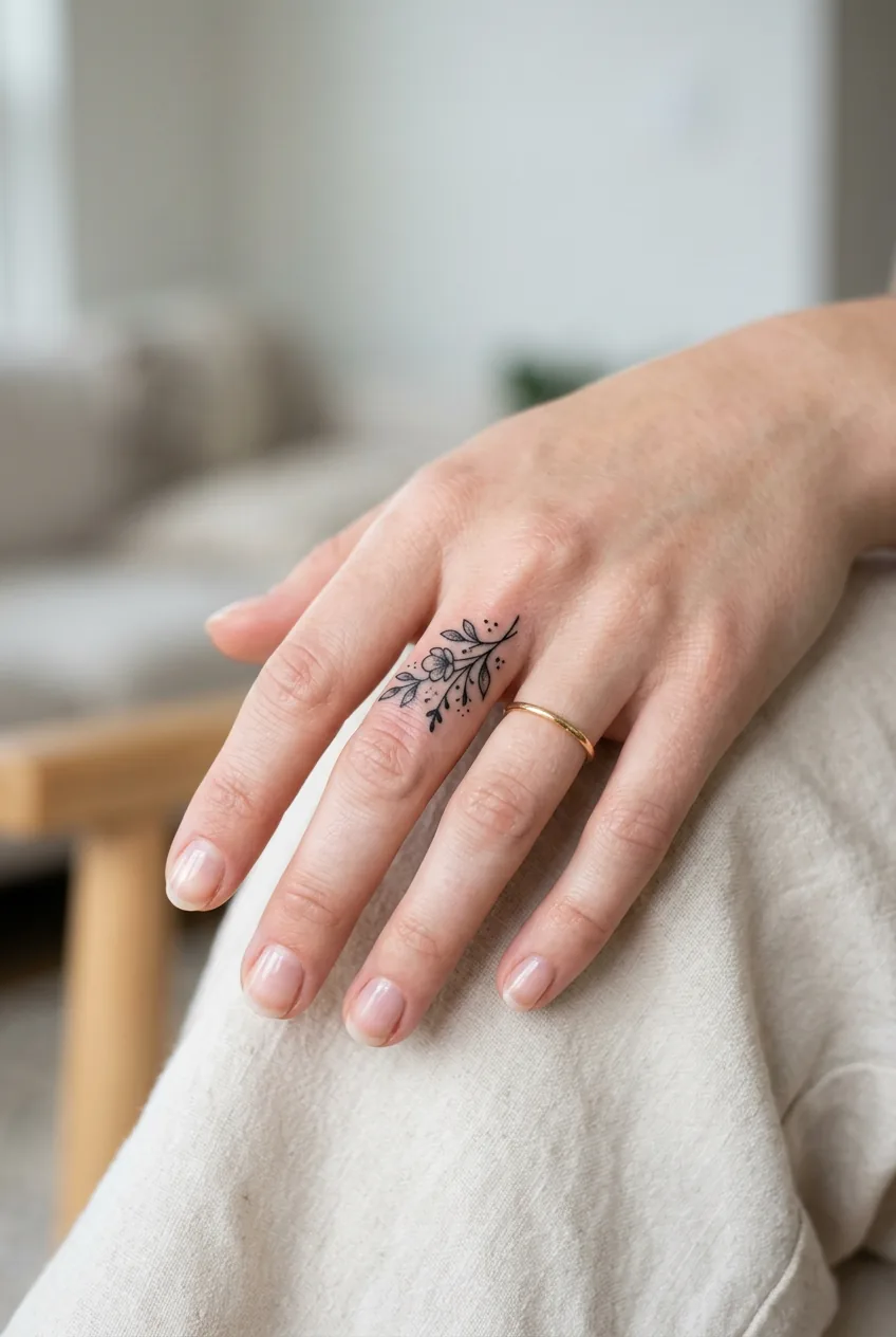 Close-up view of fresh ring finger tattoo showing crisp line work and ink saturation