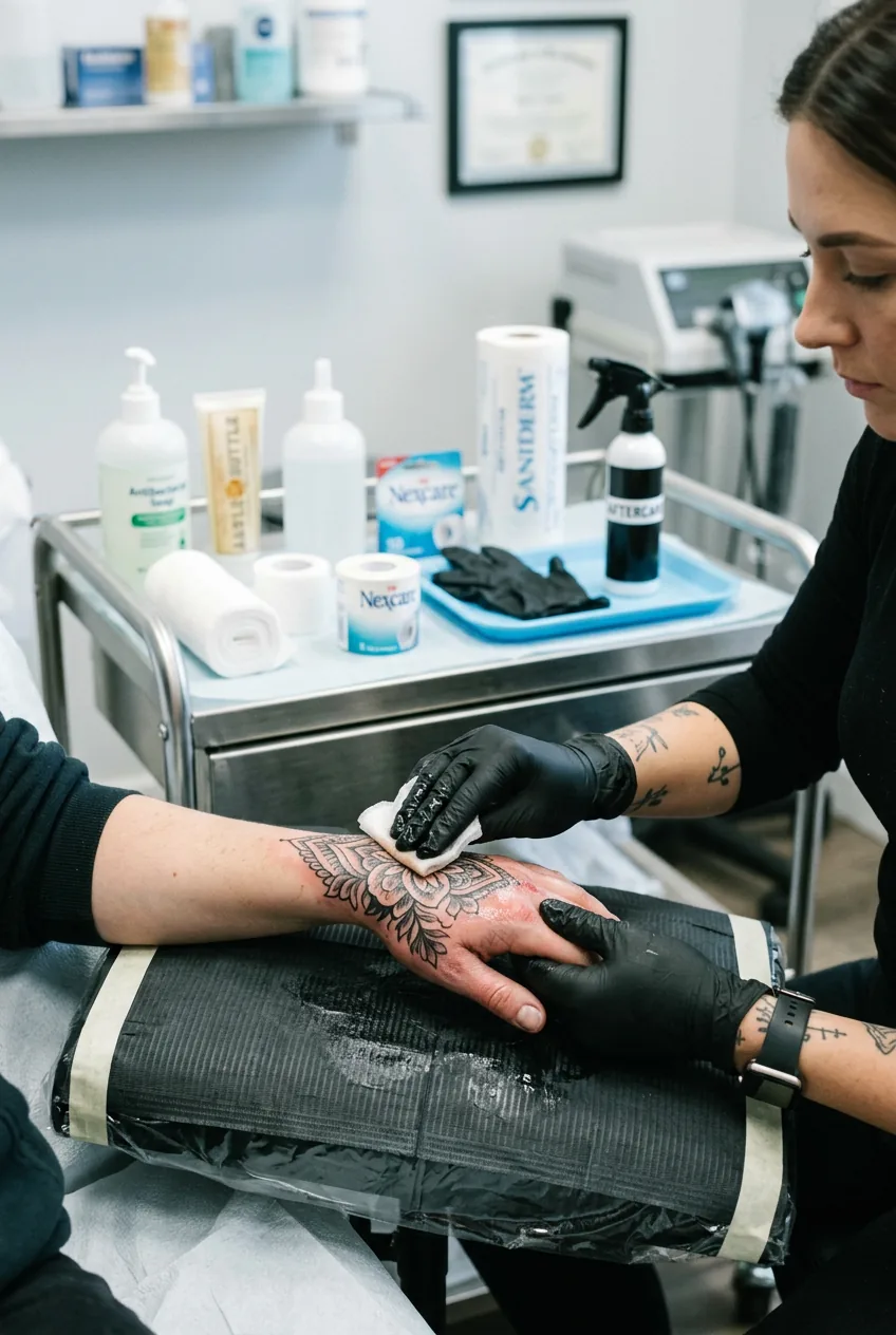 Fresh hand tattoo being cleaned and bandaged with proper aftercare technique demonstration