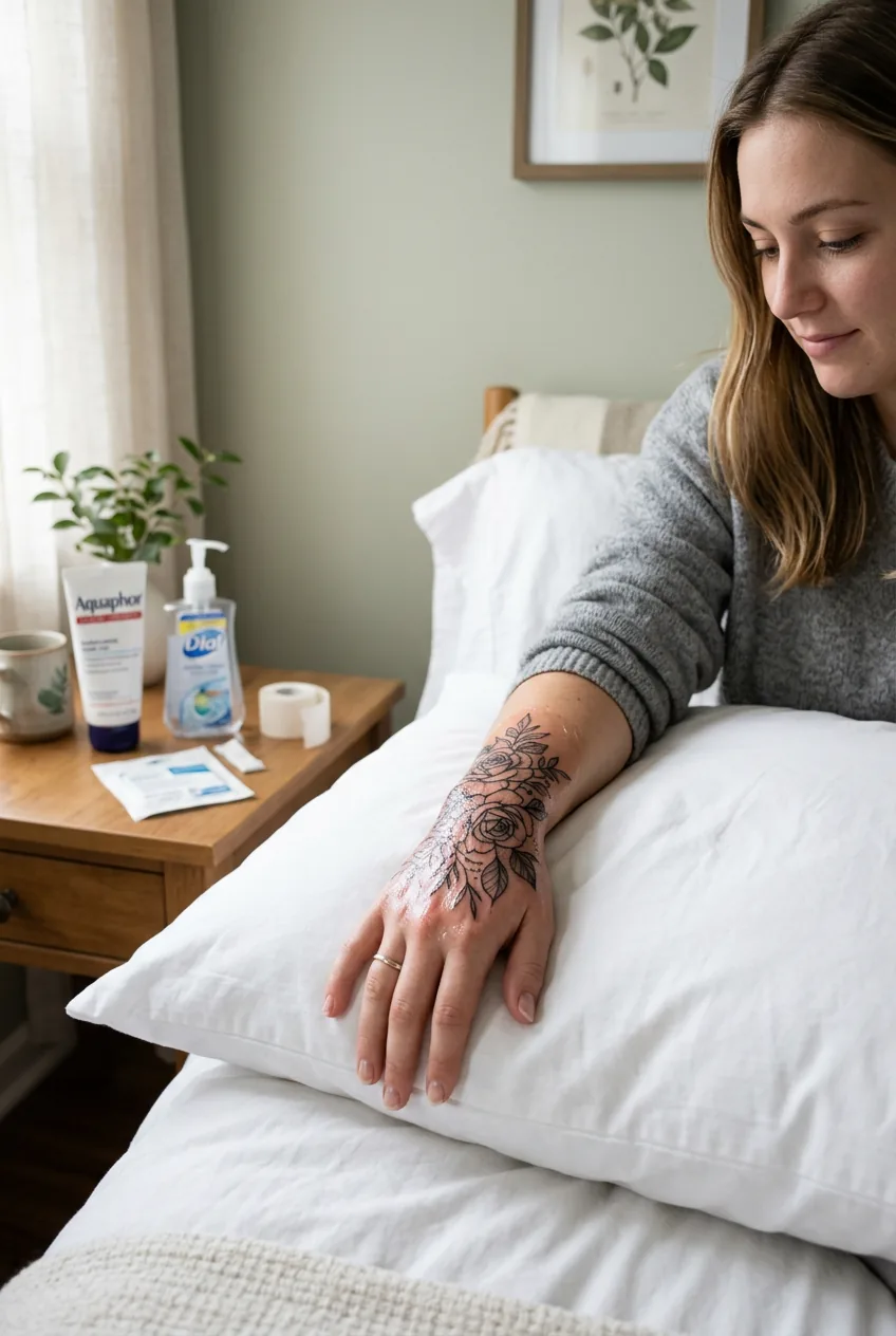 Freshly tattooed hand elevated on white pillow with healing ointment in bedroom setting