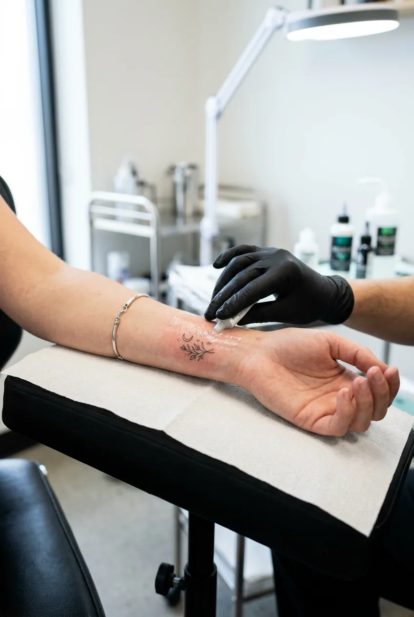 fresh small wrist tattoo covered with clear protective bandage after completion