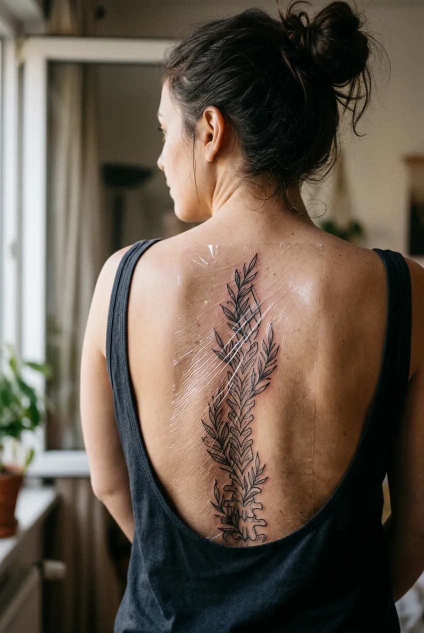 Fresh spine tattoo covered with protective healing wrap showing natural spinal curve