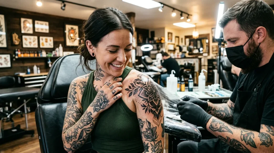 Woman looking down at fresh tattoo with delighted expression while tattoo artist adjusts protective wrap
