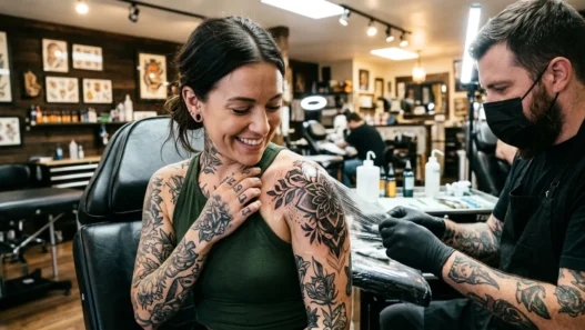 Woman looking down at fresh tattoo with delighted expression while tattoo artist adjusts protective wrap