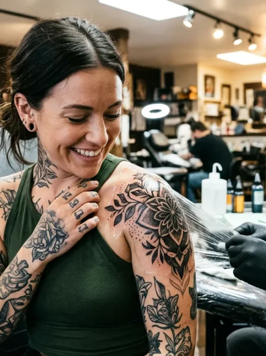 Woman looking down at fresh tattoo with delighted expression while tattoo artist adjusts protective wrap