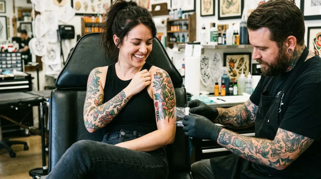 Woman looking down at fresh tattoo on shoulder with genuine delight while tattoo artist adjusts wrap nearby