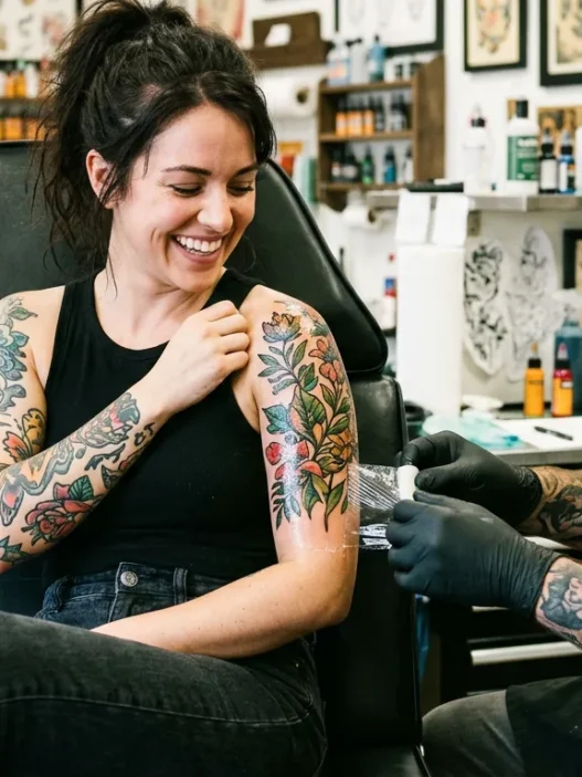 Woman looking down at fresh tattoo on shoulder with genuine delight while tattoo artist adjusts wrap nearby