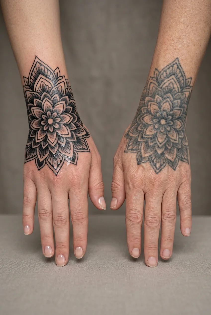 Side-by-side comparison showing fresh versus aged hand tattoo demonstrating natural fading
