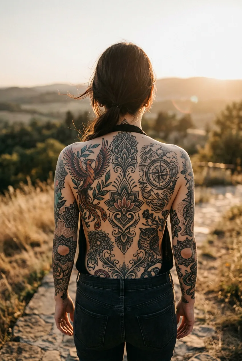 Full back view of woman showing multiple tattoos including spine work and shoulder designs in golden lighting