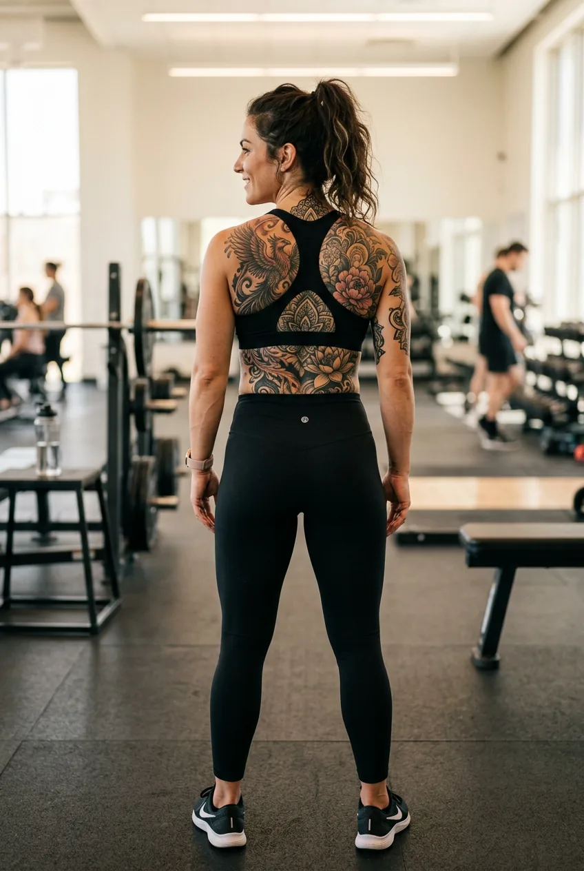 Athletic woman showing complete back tattoo artwork in post-workout gym environment