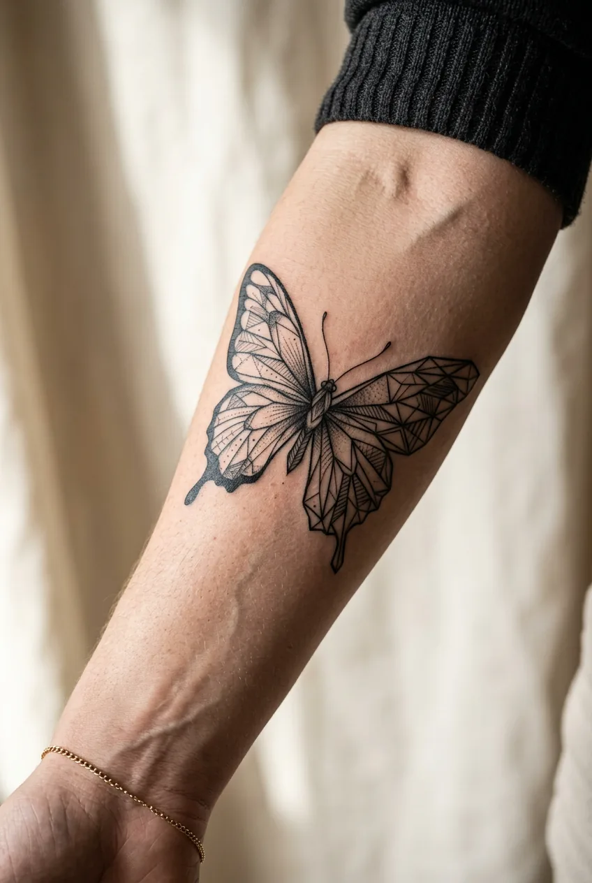 Geometric butterfly tattoo on woman's forearm combining organic shapes with precise line patterns