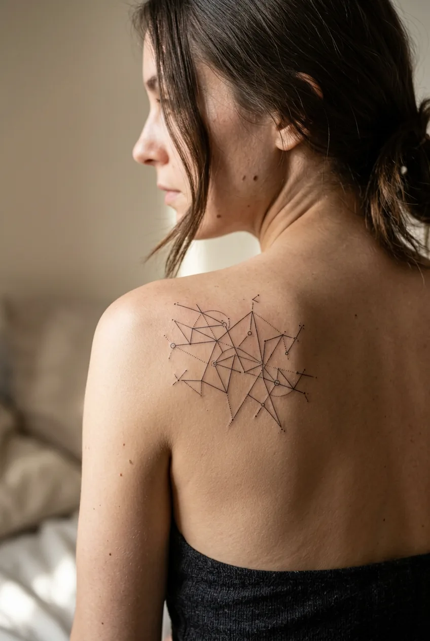 Geometric constellation tattoo on shoulder blade with thin connected lines creating abstract star pattern