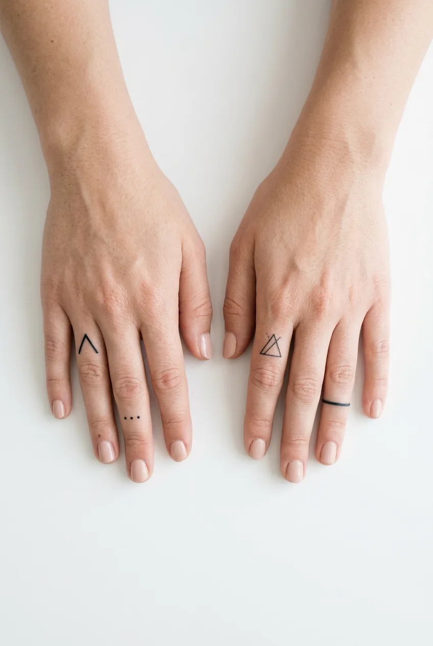 Overhead view of hands displaying simple geometric shapes tattooed on multiple fingers