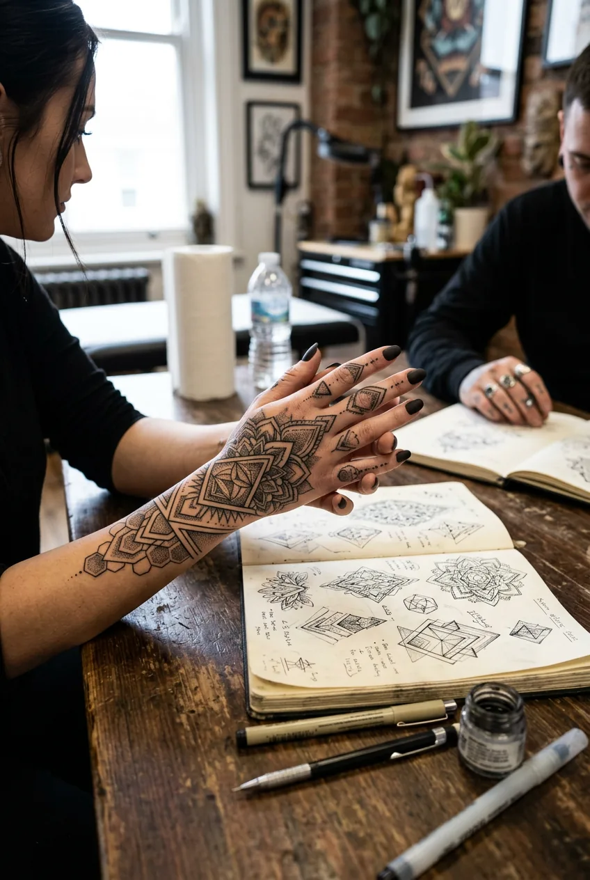 Close-up of detailed geometric hand tattoo design with artist sketches on consultation table