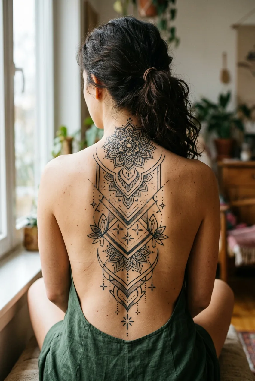 Woman's back featuring large modern henna-inspired geometric tattoo with clean lines and strategic negative space