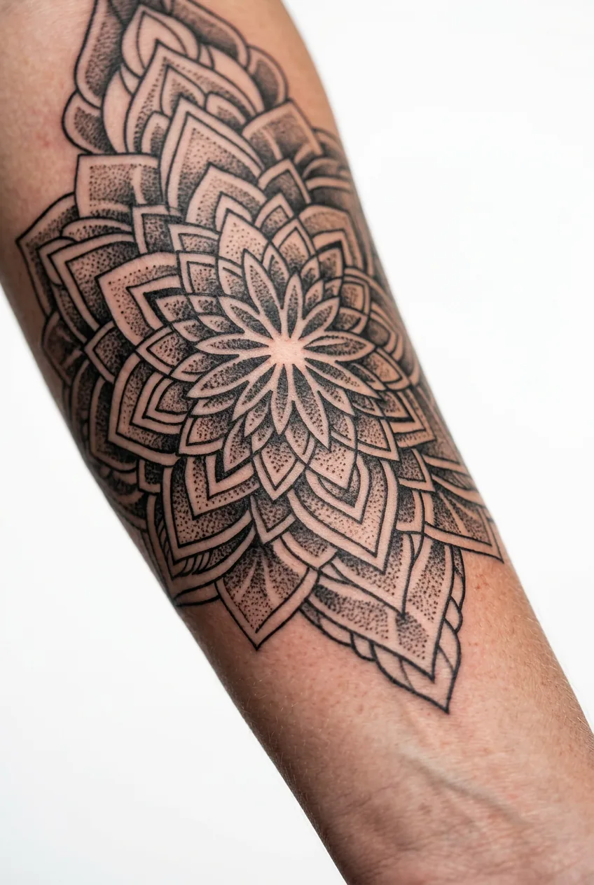 Geometric mandala half-sleeve tattoo featuring precise lines, perfect symmetry and intricate dotwork
